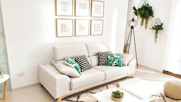 En moderne stue med sofa, sofabord og dekorative puder.