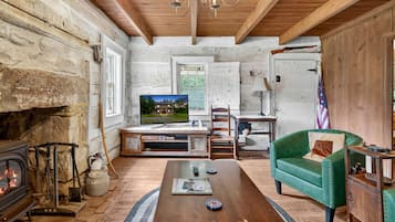 A rustic living room with a fireplace, television, wooden furniture, and a green armchair.