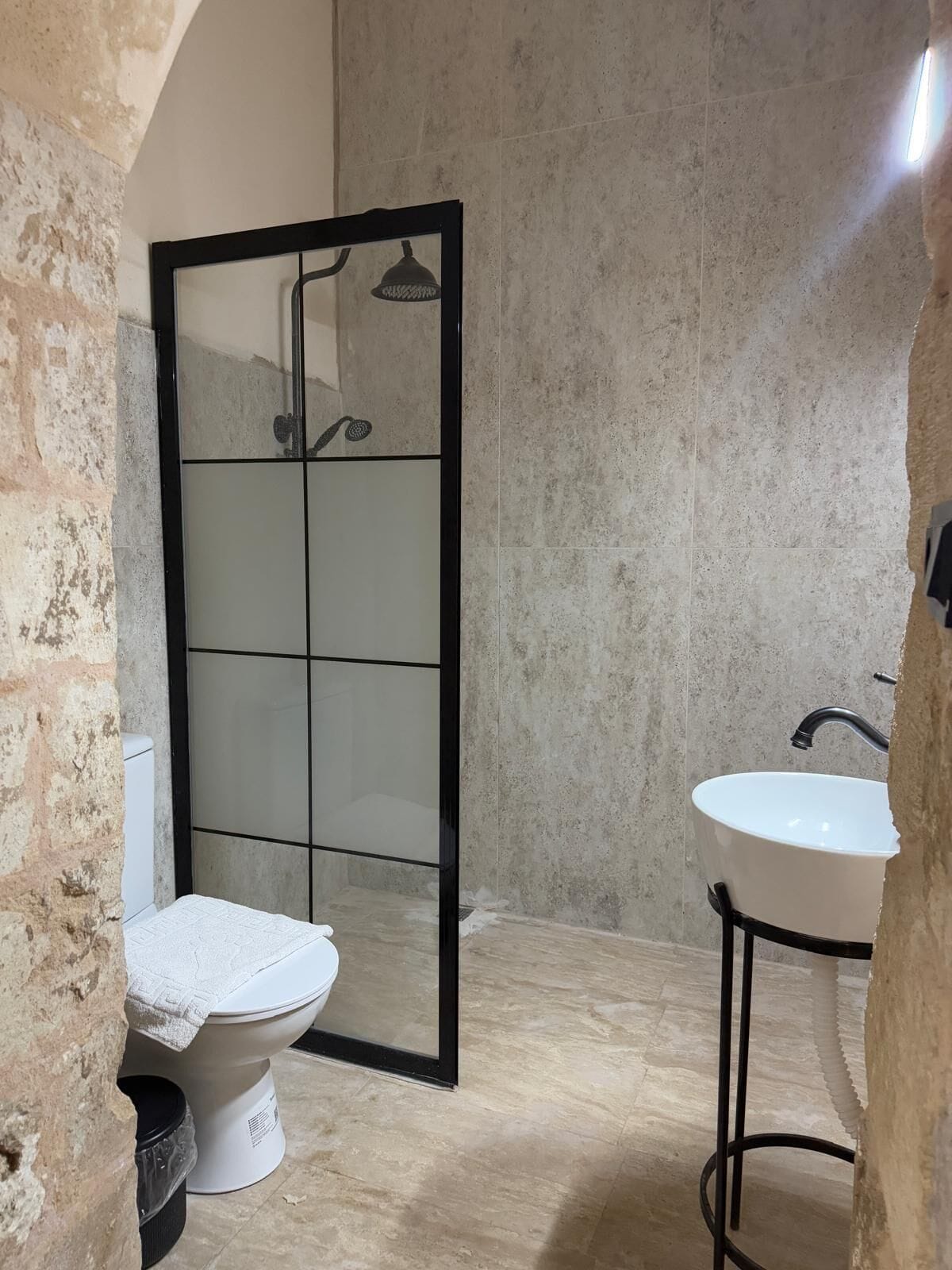 Une salle de bain avec une douche, des toilettes et un lavabo.