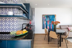 Villa 02 | Private kitchen | Full-size fridge, microwave, oven, stovetop