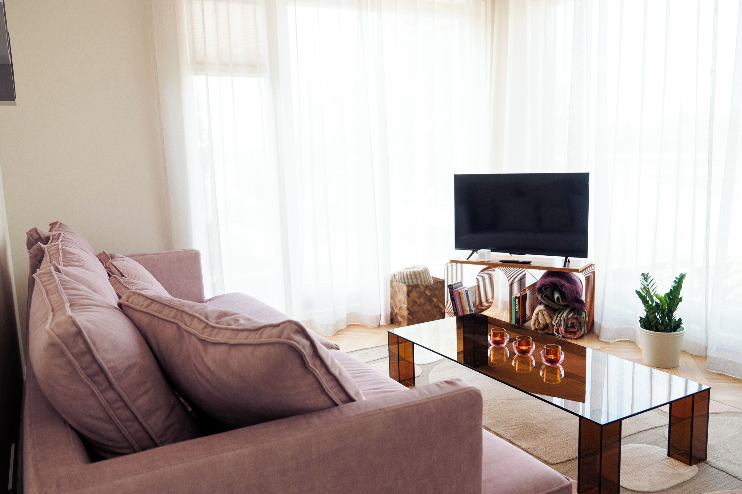 Una sala de estar moderna con un sofá, una mesa de centro de vidrio, un televisor de pantalla plana y una planta en maceta.