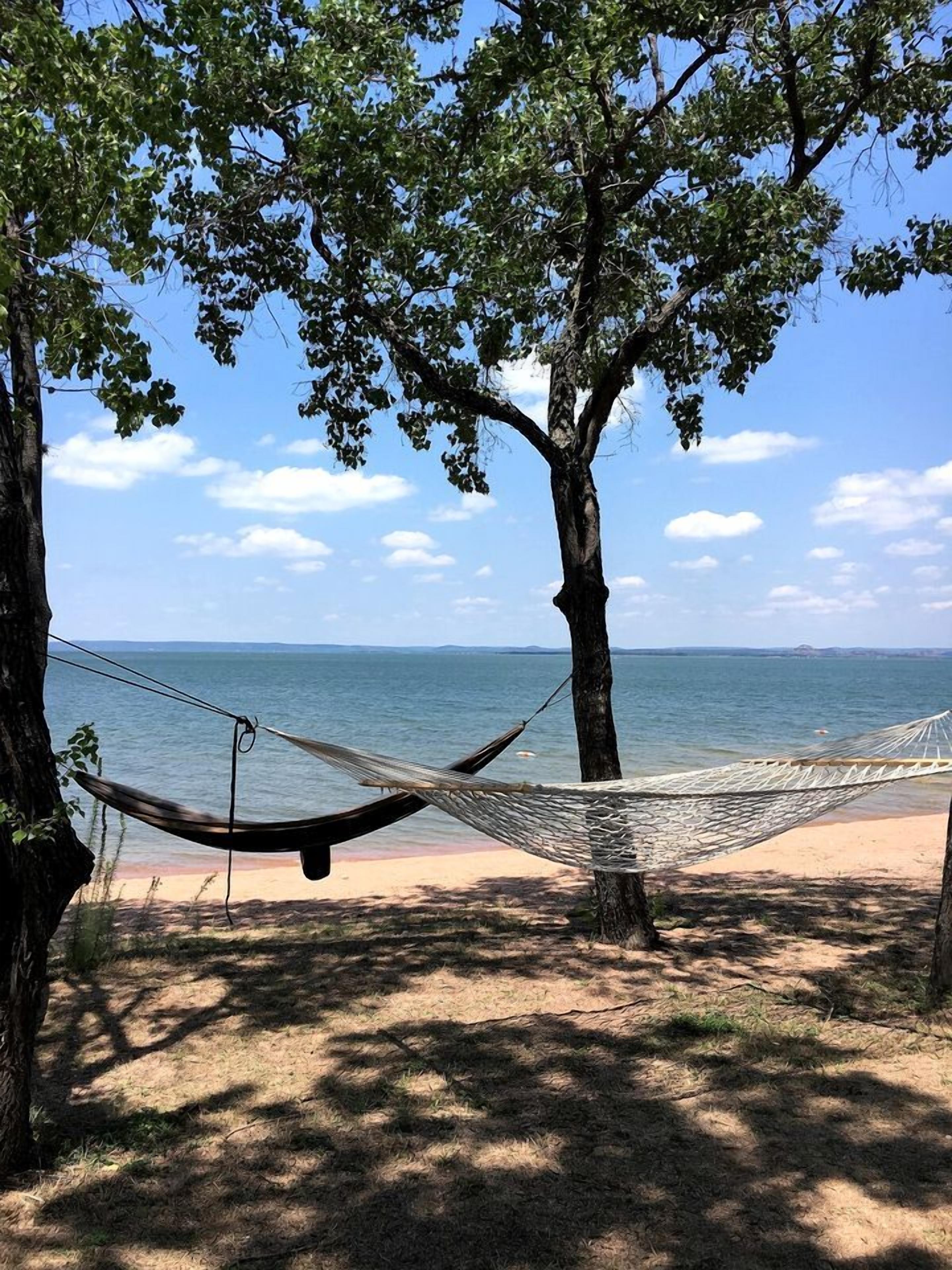 A hammock tied between two trees on a beach with a clear view of the sea.