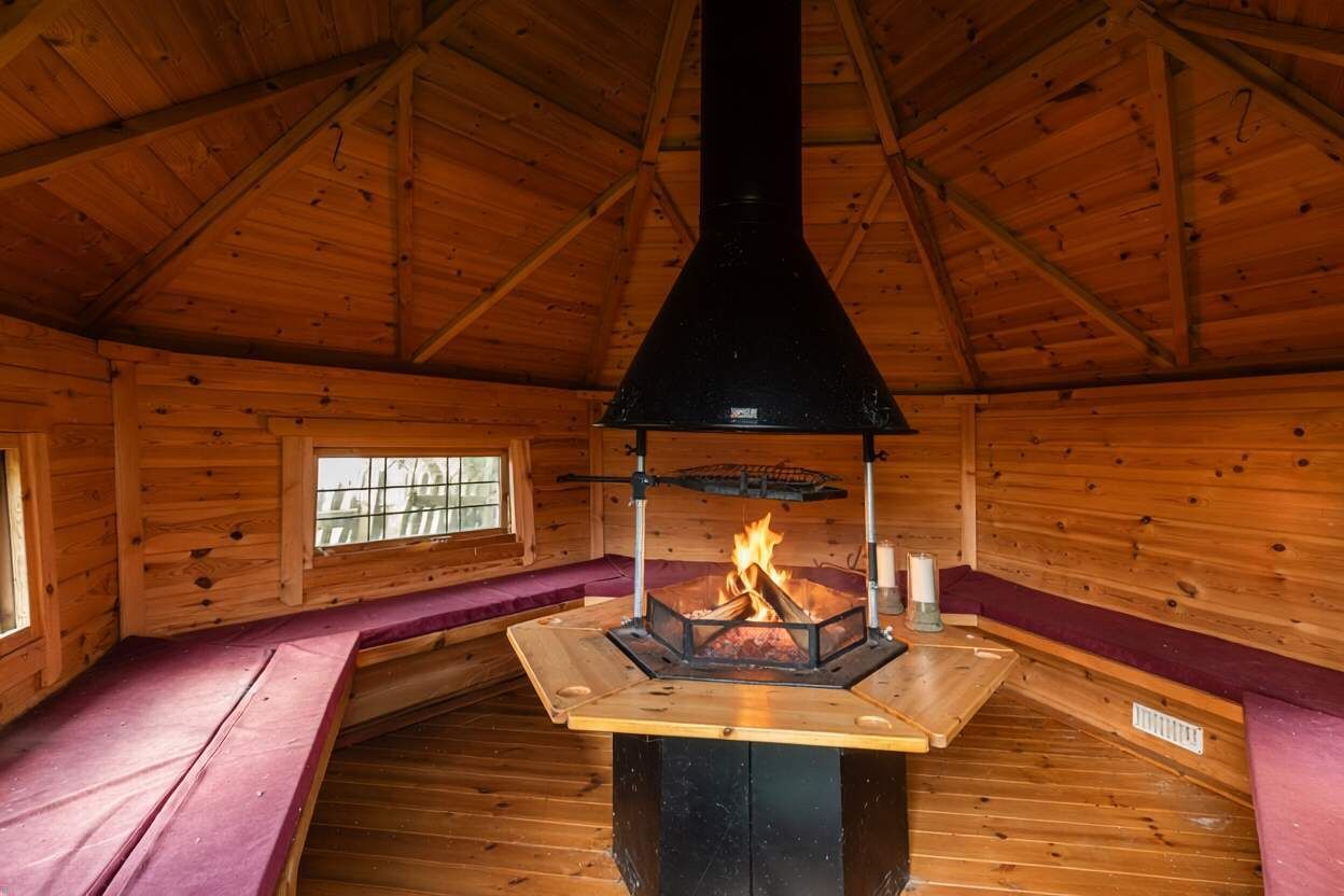 Ein Holzblock-Innenraum mit zentralem Kamin, Holzwänden und einem Satteldach.