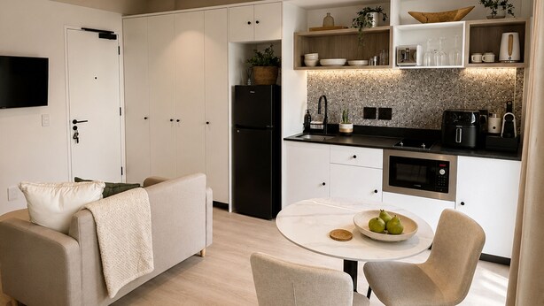 Eine moderne Küche mit weißen Schränken, einem schwarzen Kühlschrank und einem Essbereich mit einem runden Tisch und zwei Stühlen.