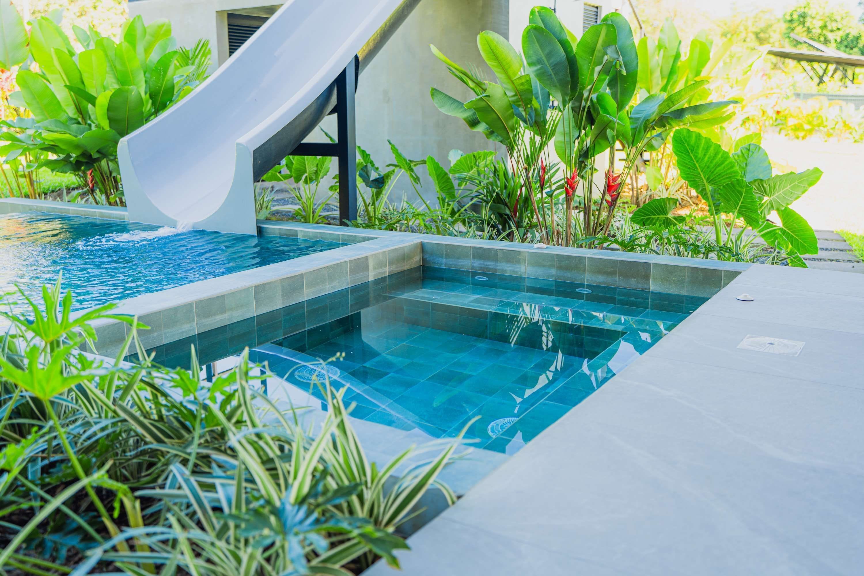 Une piscine avec un toboggan, entourée de plantes tropicales.