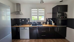 A modern kitchen with a dishwasher, stove, and oven.
