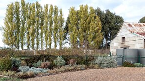 A garden with tall trees, a gravel path, and a rustic building with a corrugated metal roof. - Luminous Elegant Rental with Patio and Landscape Views in Victoria (Daylesford)