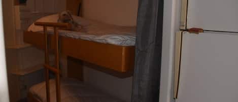 A dormitory-style room with bunk beds, a small desk, and a refrigerator.