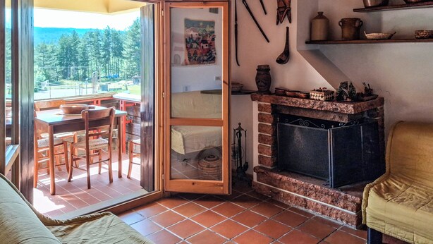 A cozy living room with a fireplace, wooden furniture, and a view of the outdoors. - Dolce Casa - Residence La Montanara (Camigliatello Silano)