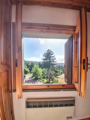 Ein Fenster mit Blick auf einen Wald und eine Straße.