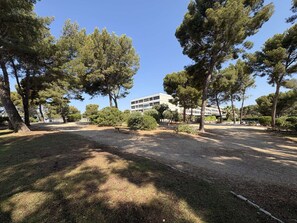 Een park met bomen, een gebouw op de achtergrond en een grindpad.