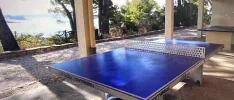 A table tennis table with a blue surface, positioned outdoors under a shelter with a view of trees and a body of water.