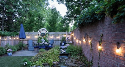A restored 1783 home steps from King Street in Old Town Alexandria, featured on the 2023 Historic Alexandria Homes Tour. Four bedrooms, two and a half marble baths, a renovated kitchen, and a private walled garden with a koi pond and waterfall.
