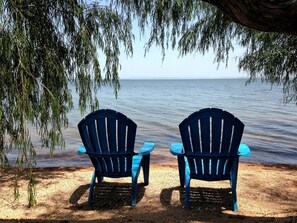Two blue Adirondack chairs facing a body of water with a tree overhead.