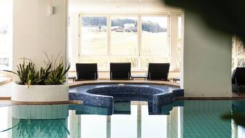 Indoor pool, outdoor pool, pool umbrellas, sun loungers