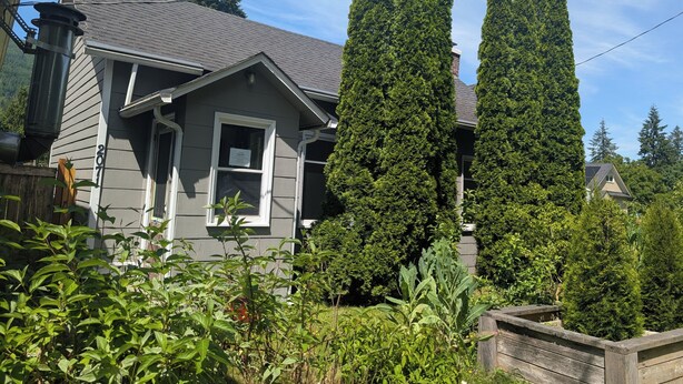 Il s’agit d’une maison d’habitation à l’extérieur gris, dotée d’un toit à deux versants et d’une cheminée bien visible. De grands arbres à feuilles persistantes se trouvent dans le jardin avant, et une clôture en bois est partiellement visible.