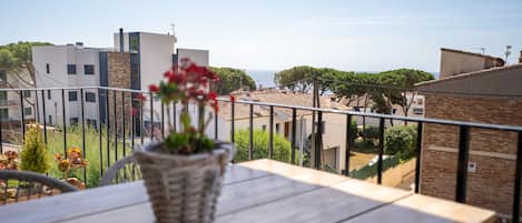 A balcony with a table and a potted plant, overlooking a residential area with houses and a clear sky.