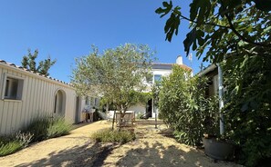 Ein Wohngebiet mit einem Haus, einem kleinen Garten und einem Weg.