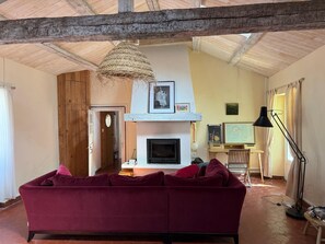 Ein Wohnzimmer mit Kamin, einer Couch und einem Fernseher.