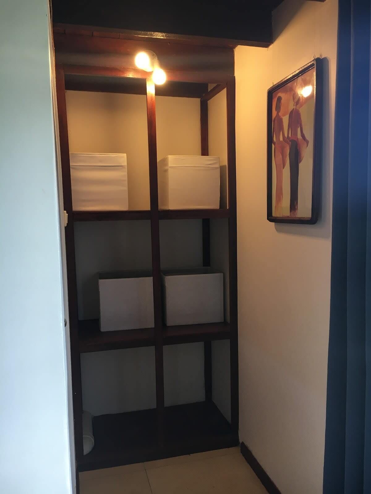 A closet with wooden shelving, a framed picture on the wall, and a light fixture above the shelves.