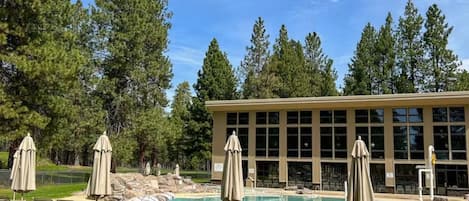 A pool area with lounge chairs and umbrellas, surrounded by trees and a building with large windows.