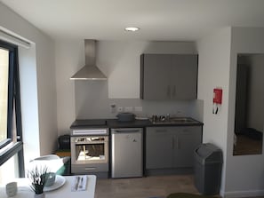 A modern kitchen with a built-in oven, refrigerator, and a large grey cabinet. - Avon Studios Bath (Bath)
