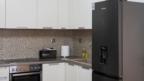 Eine moderne Küche mit weißen Schränken, einem Edelstahlbackofen, einem schwarzen Kühlschrank und einer runden Deckenleuchte.