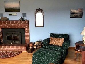 Un salon avec une cheminée en briques, un canapé vert, un coussin décoratif à motifs et un plancher en bois.