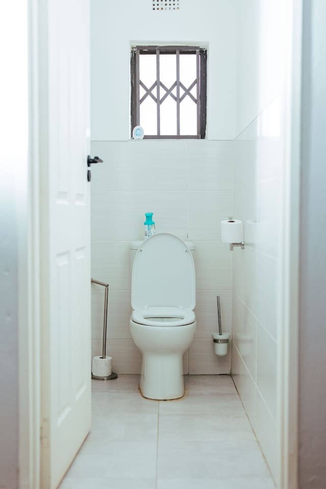 A small, white-walled bathroom with a toilet, a window, and a toilet paper holder.