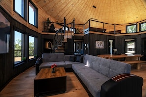 TV, fireplace, video games, foosball