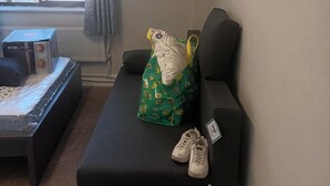 A small room with a black sofa, a green bag, and a pair of sneakers. - Beautiful 2-bedroom apartment in London perfect for your stay (London)