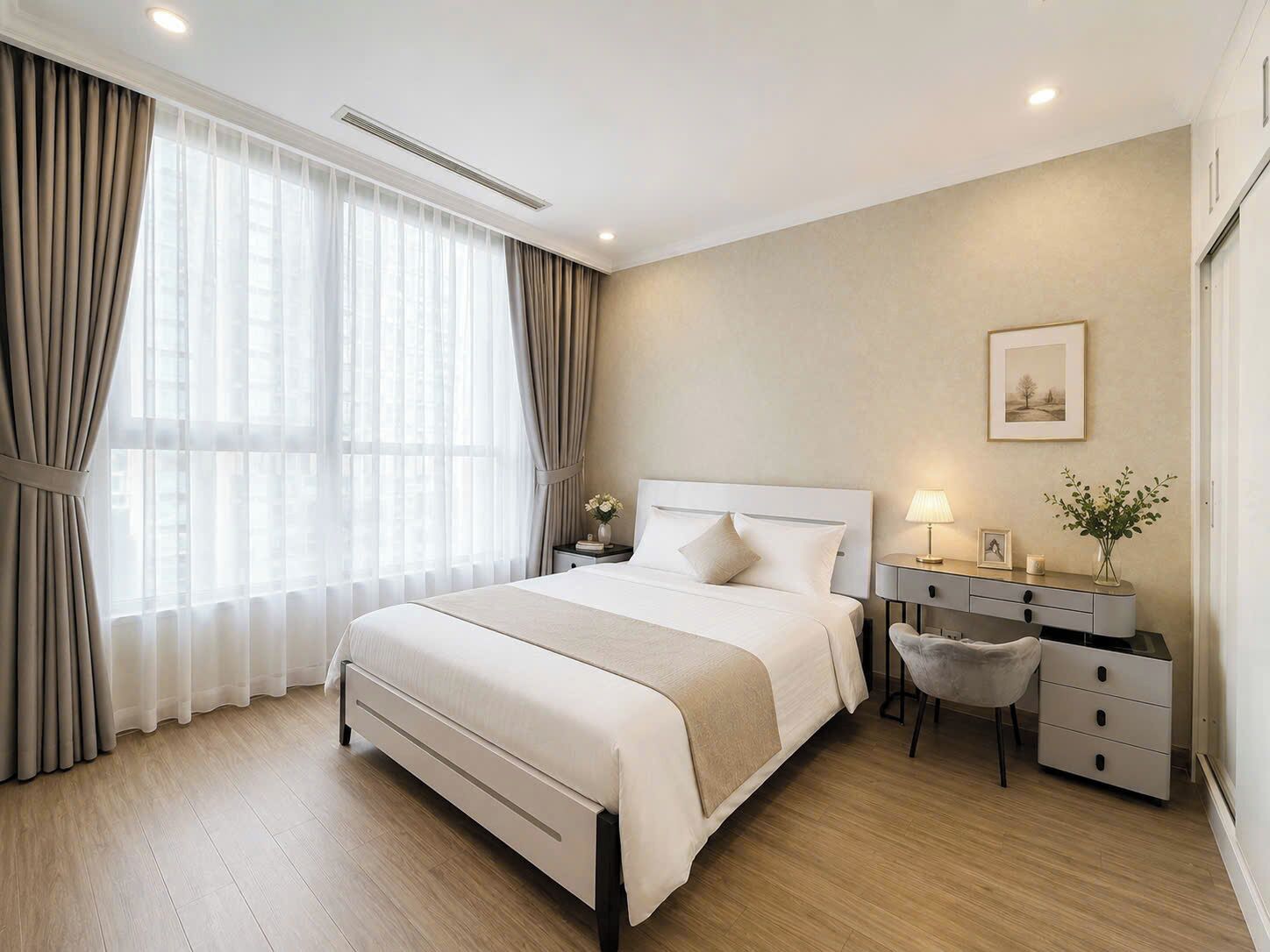 A modern hotel room with a large bed, bedside tables, a desk, and a chair.