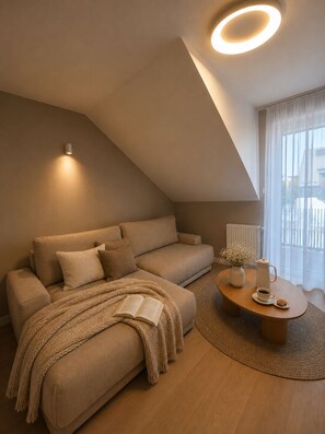 Een moderne woonkamer met een bank, een bijzettafeltje en een boek.