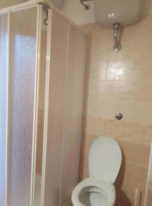 Ein Badezimmer mit Toilette, Duschbereich und gefliesten Wänden.