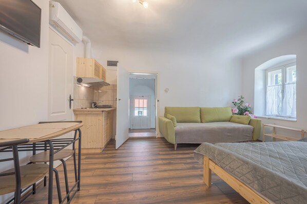 A compact room with a bed, a sofa, a dining table, and a kitchenette.