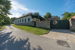 Une maison à deux étages avec une allée pavée, un mur en pierre et un portail vert.