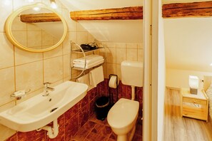 Driepersoonskamer, uitzicht op tuin | Badkamer | Een douche, een haardroger, handdoeken, zeep