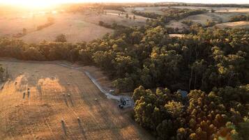 An aerial view of a rural landscape with fields, trees, and a winding road.