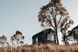 A small, dark-colored building with a large window, surrounded by dry grass and trees.