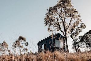 A small, dark-colored building with a large window, surrounded by dry grass and trees. - Reconnect with Nature at this Fabulous Tiny Home in Queensland (Coalbank)