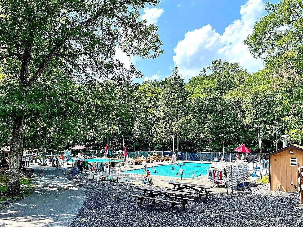 Un espace piscine comprenant plusieurs bassins, des tables de pique-nique et un petit bâtiment en bois, le tout entouré d’arbres.