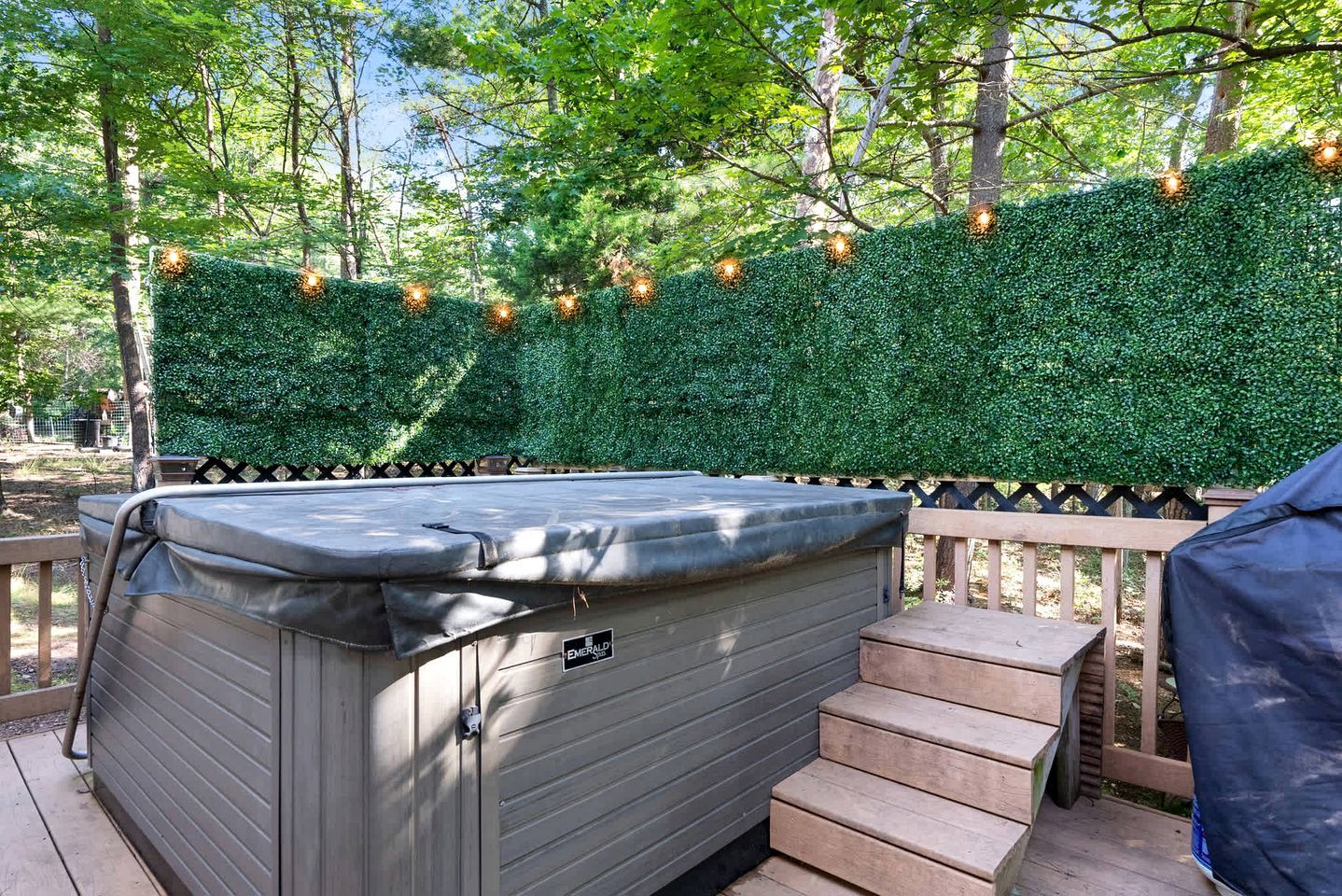 Un bain à remous sur une terrasse en bois, accessible par des marches, entouré d’une haie et d’une clôture en bois.