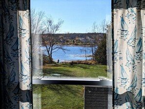 A view through a window with curtains, featuring a grassy area, a body of water, and a distant shoreline with houses. - Cozy Waterfront Cottage with Private Beach and Fire Pit Near Gouldsboro, Maine (Gouldsboro)
