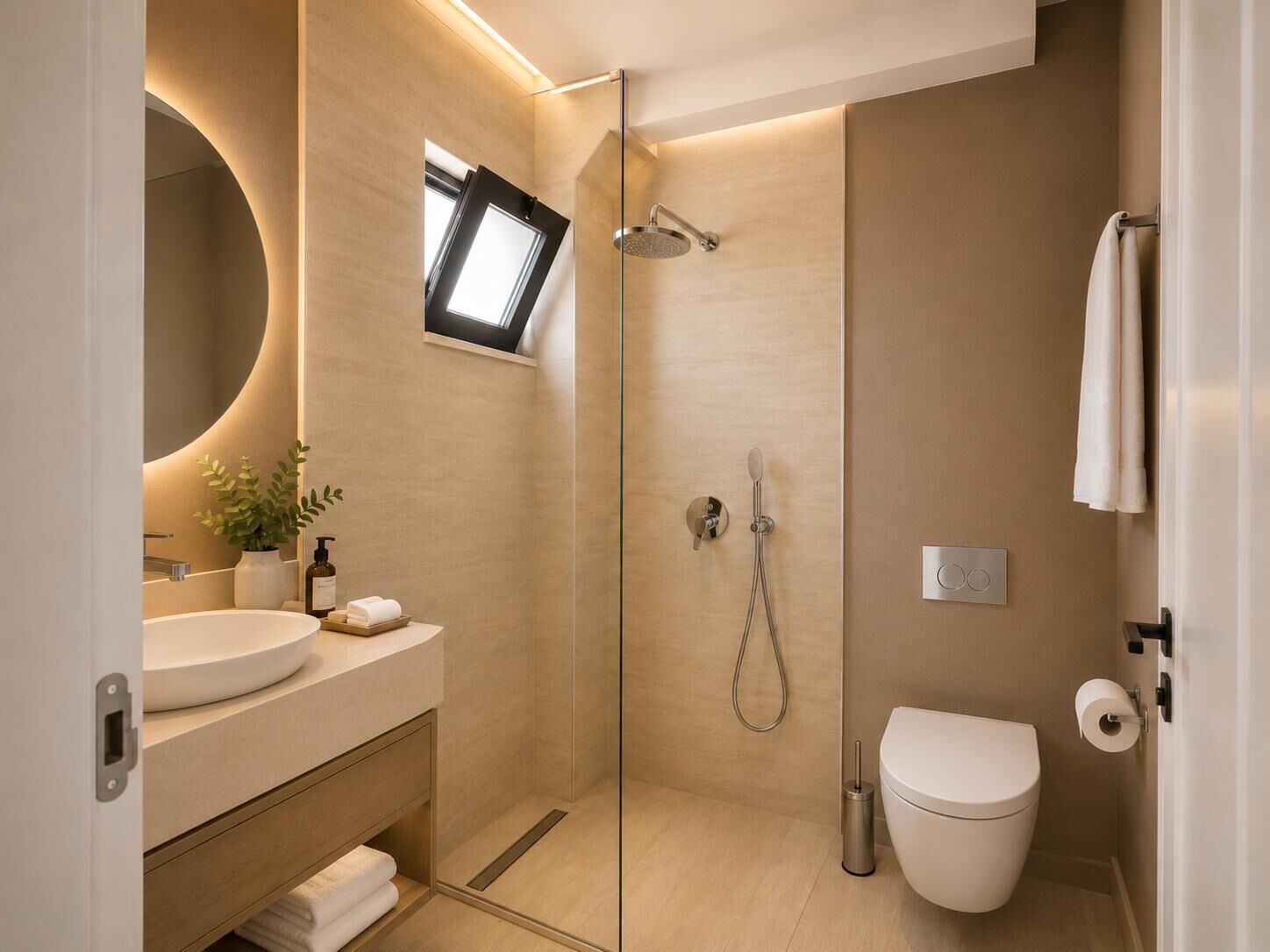 Douche, séchoir à cheveux, serviettes fournies, savon