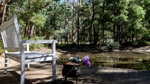 A bench, a rustic pot, and a pond in a wooded area.