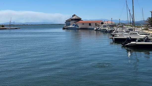 Uma marina com barcos atracados, um prédio com telhado vermelho e um céu azul e claro.