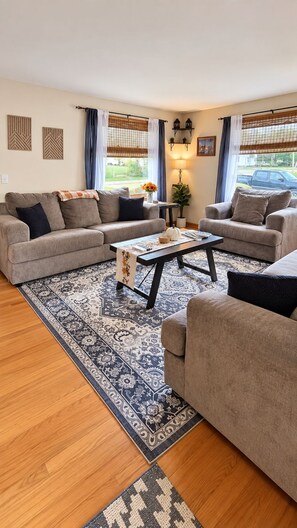 Un salon avec deux canapés, une table basse et un tapis à motifs.