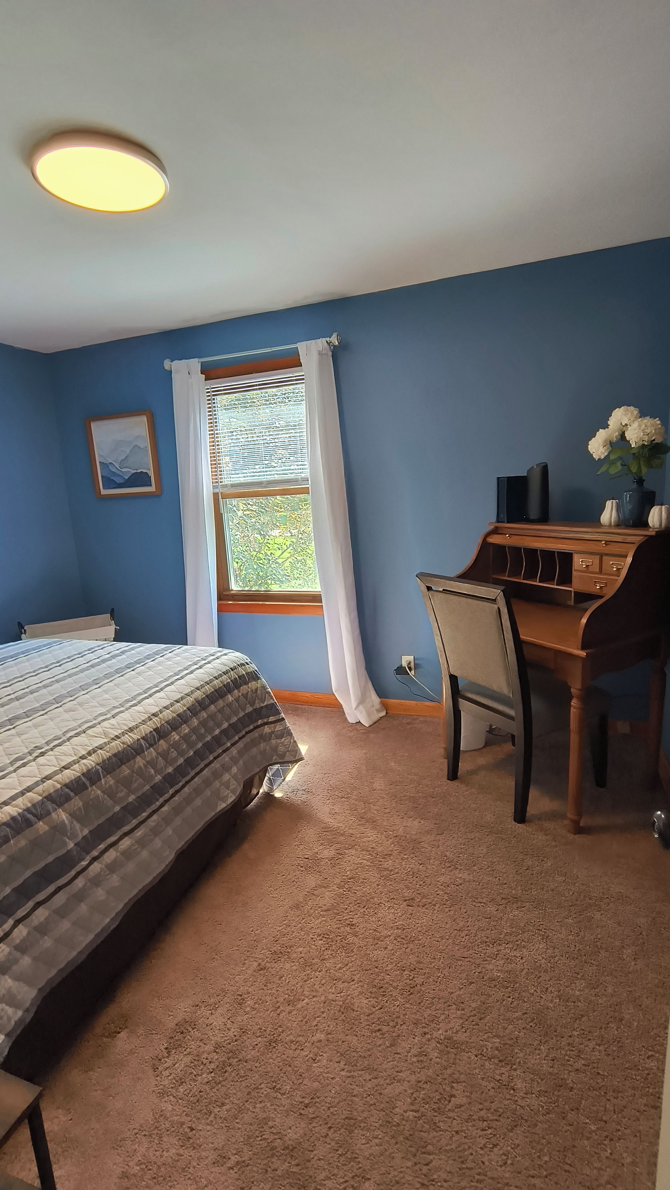 A bedroom with a bed, a desk, a window with curtains, and a ceiling light.