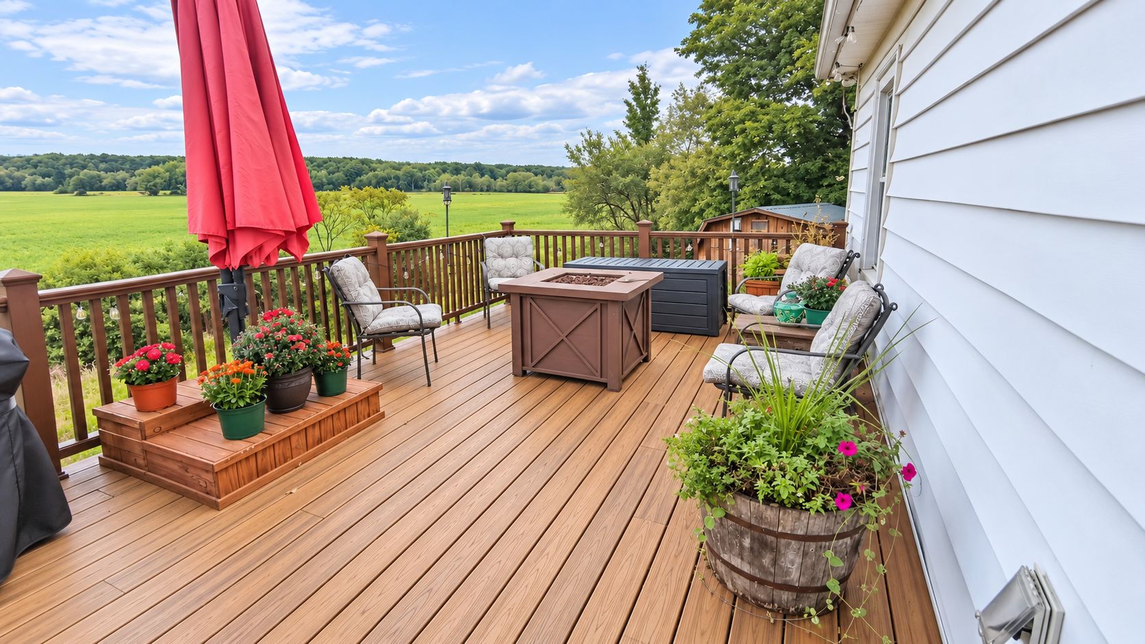 Eine Holzterrasse mit Gartenmöbeln, darunter Stühle und ein Tisch, sowie Kübelpflanzen.