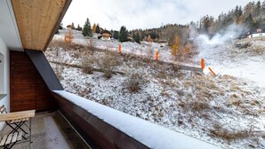 A view from a window overlooking a snowy landscape with a train passing by, a wooden staircase, and a bench. - Apartment Mont-parrain C32 Bright & Central With Balcony (Riddes)